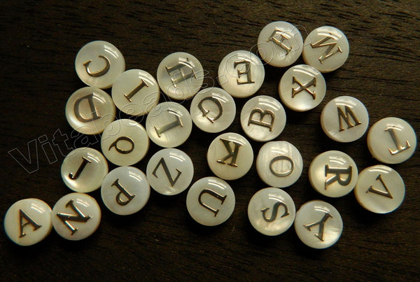 Cream White Mother of Pearl Shell  -  Alphabet A-Z Puff Coin Beads