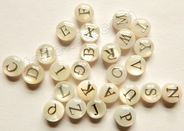 Cream White Mother of Pearl Shell  -  Alphabet A-Z Puff Coin Beads