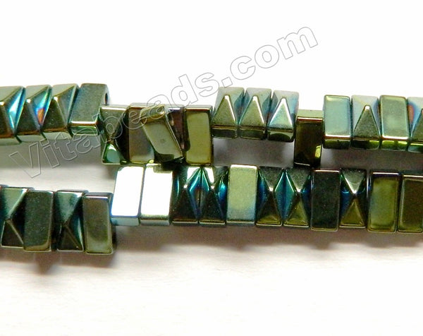 Green Peacock Hematite  -  Double Hole Drilled Faceted Pyramid Rectangles  16"