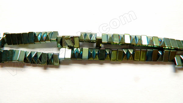 Green Peacock Hematite  -  Double Hole Drilled Faceted Pyramid Rectangles  16"