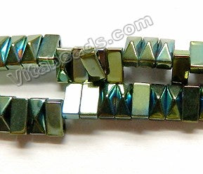 Green Peacock Hematite  -  Double Hole Drilled Faceted Pyramid Rectangles  16"