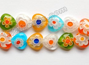 Glass Beads  -  Puff Heart - Mixed Flower 16"