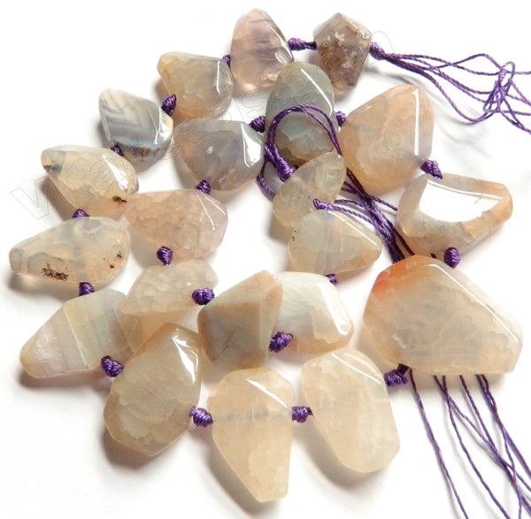Warm Grey Fire Agate  -  Graduated Center Drilled Faceted Flat 16"