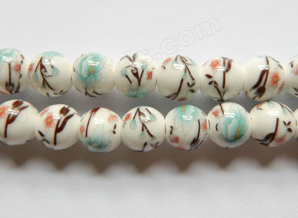 Porcelain Beads - White w/ Cherry Flora Beads  13"