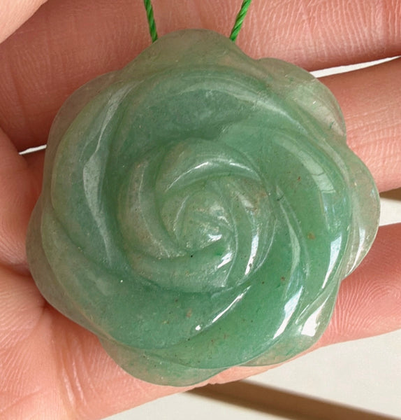 Carved Flower Pendant - Green Aventurine - Dark