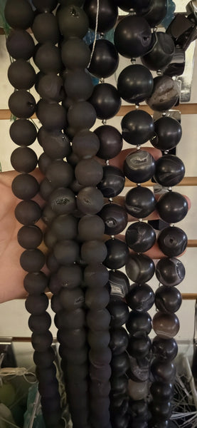 Matte Black Sardonix Agate with Druzy Quartz  -  Big Smooth Round w/ Knots 16"
