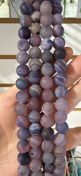 Frosted Dark Purple Agate Druzy Crystal  -  Smooth Round Beads 15"