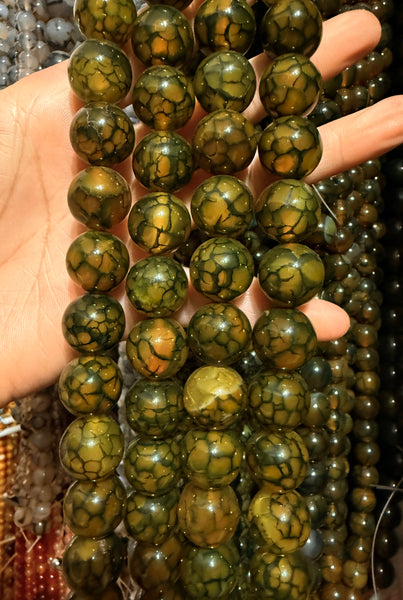 Yellow Green Fire Agate  -  Big Smooth Round Beads  16"