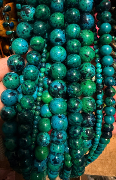 Blue Green Azurite Turquoise with Black Spots  -  Round Beads 16"