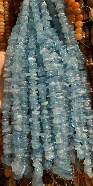 Natural Blue Aquamarine Half Transparent AAA  -  Center Drilled Chip Slices  16"