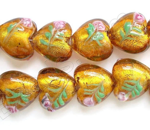 Silver Foil Glass Beads   16"  Puff Heart - Amber with Flower