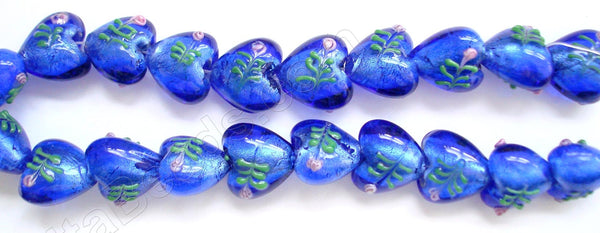 Silver Foil Glass Beads   16"  Puff Heart - Royal Blue with Flower