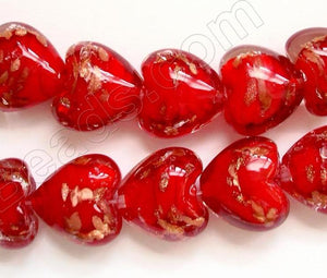 Silver Foil Glass Beads   16"  Puff Heart - Red with Gold Sprinkles