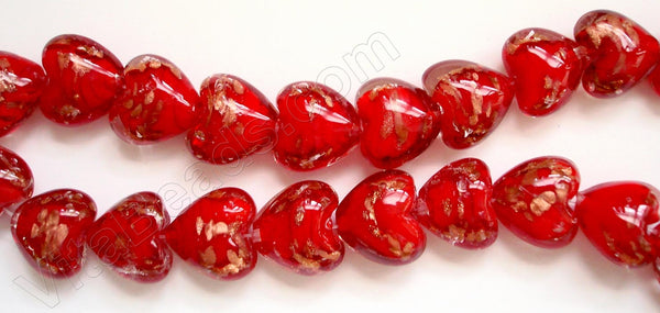 Silver Foil Glass Beads   16"  Puff Heart - Red with Gold Sprinkles
