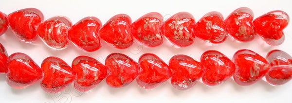 Silver Foil Glass Beads   16"    Puff Heart - Bright Red with Gold Sprinkles