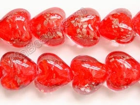 Silver Foil Glass Beads   16"    Puff Heart - Bright Red with Gold Sprinkles