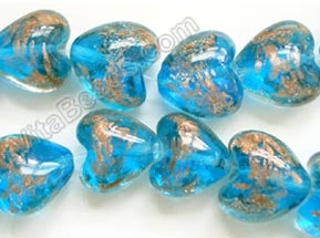 Silver Foil Glass Beads   16"  Puff Heart - London Blue with Gold Sprinkles