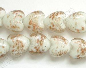 Silver Foil Glass Beads   16"  Puff Heart - White with Gold Sprinkles