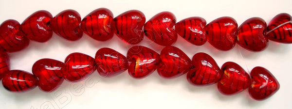 Silver Foil Glass Beads   16"  Puff Heart - Dark Cherry with Stripes
