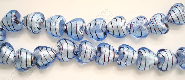 Silver Foil Glass Beads   16" Puff Heart - Light Blue with Stripes