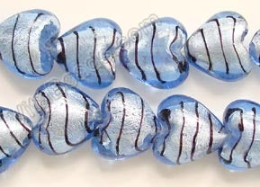 Silver Foil Glass Beads   16" Puff Heart - Light Blue with Stripes