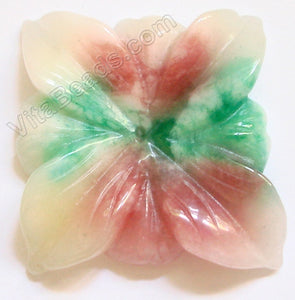 Candy Jade Pendant - Carved 4-petals Square Flower - Mixed Red Green