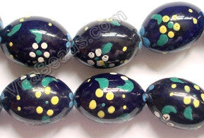 Porcelain Beads - Dark Blue with yellow flower  Oval