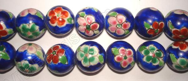 Porcelain Beads - Dark Blue Beads w/ Red Pink Flower - Smooth Round