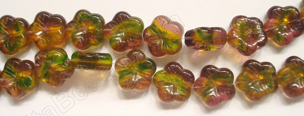 Carved 5-petal Flower Strand  -  Red Fluorite, Citrine and Green 10"    18 x 18 mm