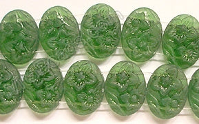 Frosted Green Crystal Qtz  -  Double Drilled Carved Flower Puff Oval 9"