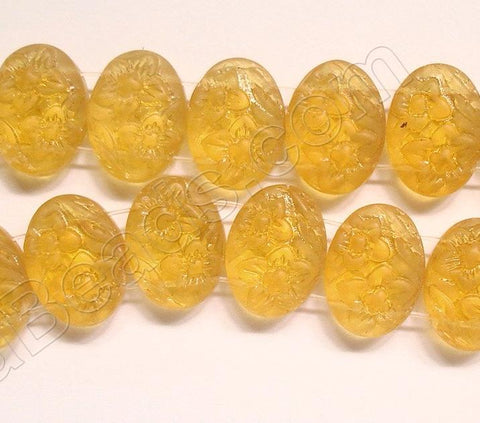 Frosted Amber Crystal Qtz  -  Double Drilled Carved Flower Puff Oval 9"