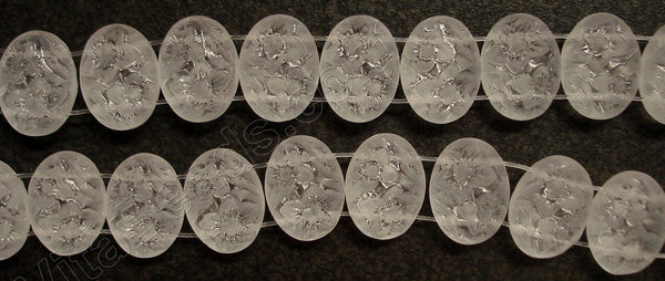 Frosted Crystal Qtz  -  Double Drilled Carved Flower Puff Oval 9"