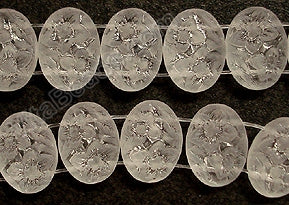 Frosted Crystal Qtz  -  Double Drilled Carved Flower Puff Oval 9"
