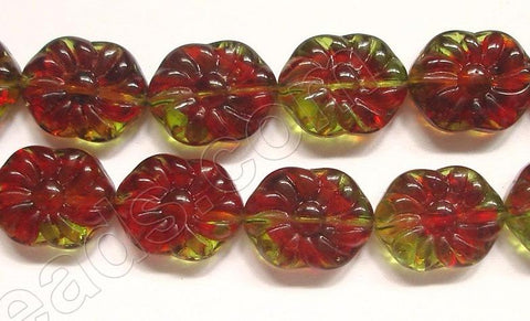 Dark Red w Green Crystal Qtz  -  Carved Oval Sunflower Strand 10"