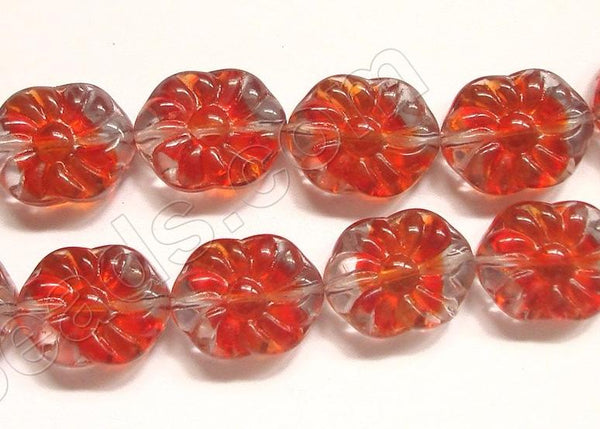 Cranberry Red and Clear Crystal Qtz  -  Carved Oval Sunflower Strand 10"