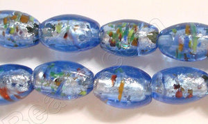 Silver Foil Glass Beads   16" Oval Rice - Blue w/ sprinkles