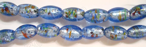 Silver Foil Glass Beads   16" Oval Rice - Blue w/ sprinkles