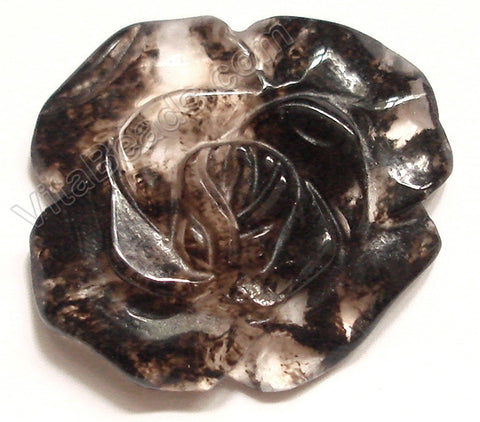 Carved Rose Flower Pendant - Black Rutilate Qtz - Dark