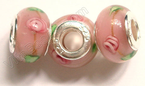 Glass Beads - Silver Plate Double Cores Drum pdg 105 - Pink