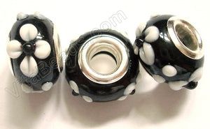 Glass Beads - Silver Plate Double Cores Drum pdg 130 - Black