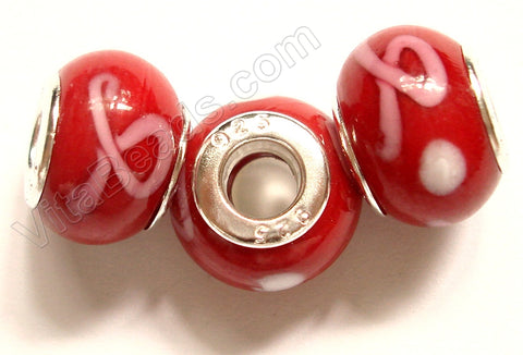 Glass Beads - Silver Plate Double Cores Drum pdg 134 - Red
