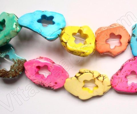 Dyed Cracked Turquoise Mixed Color  -  Free Form Flower Donut Slab Strand  16"