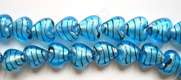 Silver Foil Glass Beads   16"  Puff Heart - Ocean Blue with Stripes