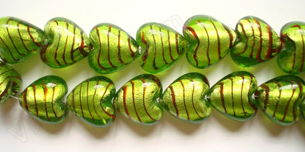 Silver Foil Glass Beads   16"  Puff Heart - Olive Green with Stripes