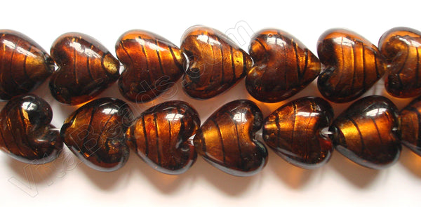 Silver Foil Glass Beads   16"  Puff Heart - Dark Coffee with Stripes