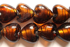 Silver Foil Glass Beads   16"  Puff Heart - Dark Coffee with Stripes