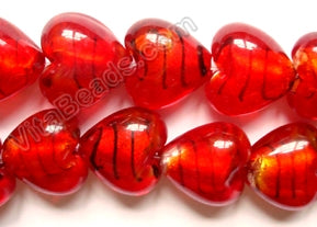 Silver Foil Glass Beads   16"  Puff Heart - Dark Cherry with Stripes