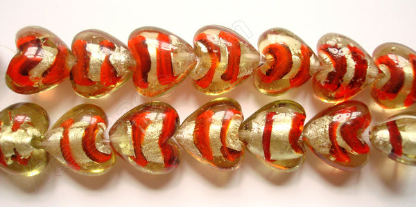 Silver Foil Glass Beads   16"  Puff Heart - Light Green with Red Stripes