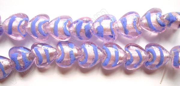 Silver Foil Glass Beads   16"  Puff Heart - Pink with Blue Stripes
