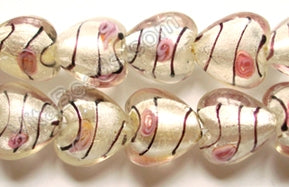 Silver Foil Glass Beads   16"  Puff Heart - White with Stripes, Flower